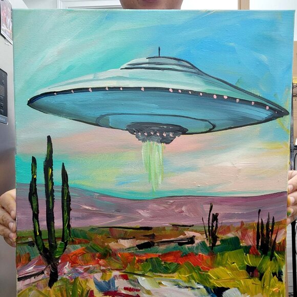UFO Spaceship Landscape Desert 16x20 Original Handmade Painting Wall Fine Art - Picture 2 of 7